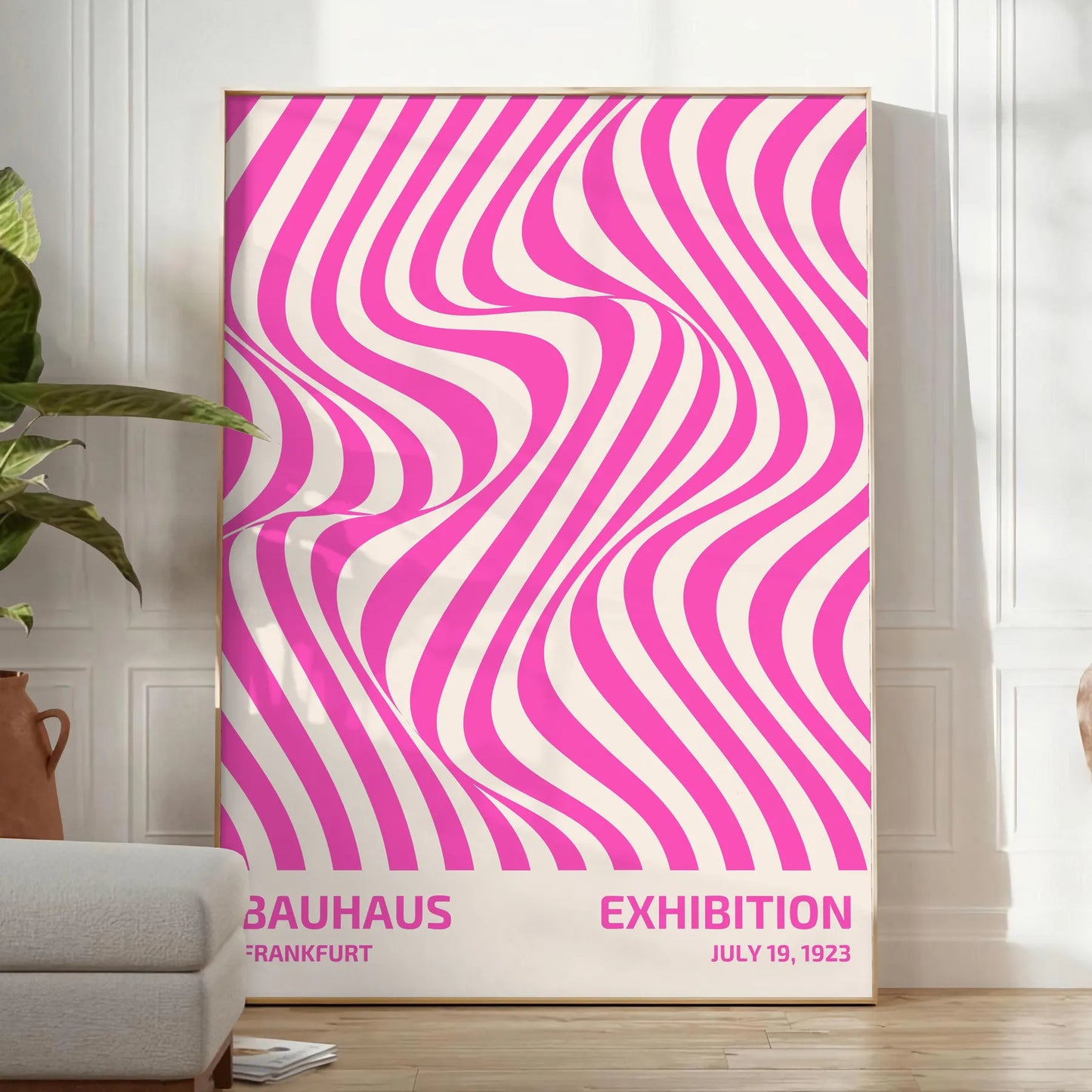 space Bauhaus poster vintage style artwork striking blend brown pink hues unique wall art perfect gift lover unframed options best decor needs