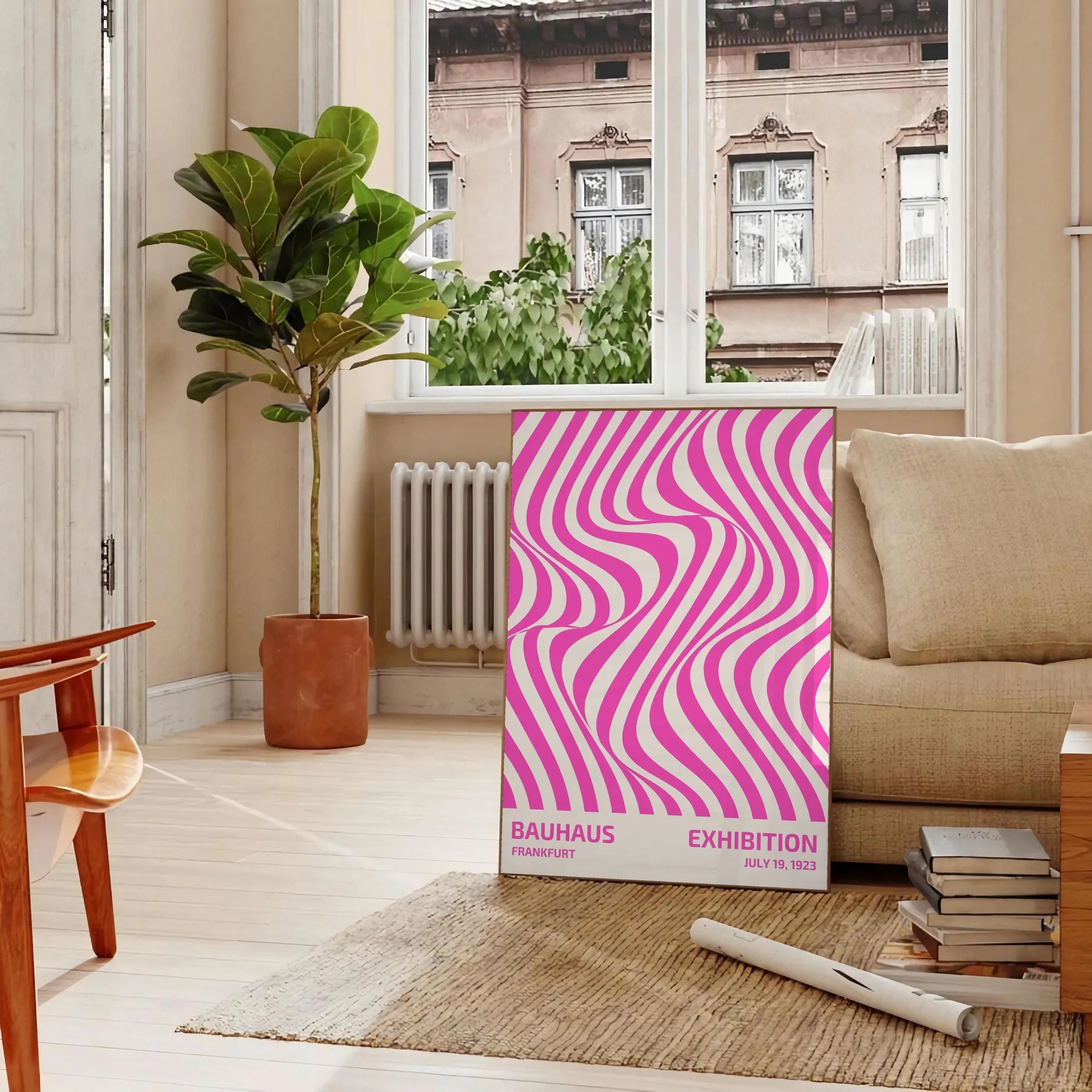 space Bauhaus poster vintage style artwork striking blend brown pink hues unique wall art perfect gift lover unframed options best decor needs